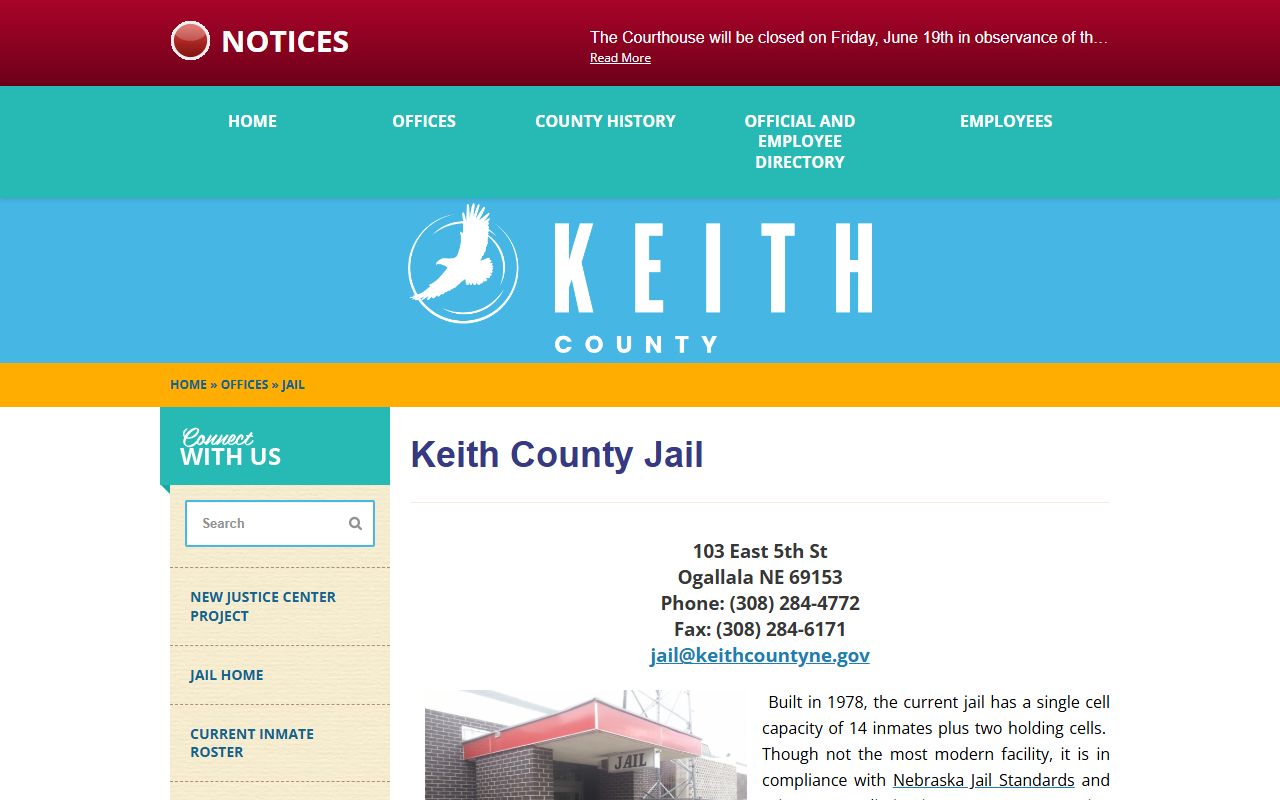 Keith County Jail page for Arthur County inmate population and regional capacity
