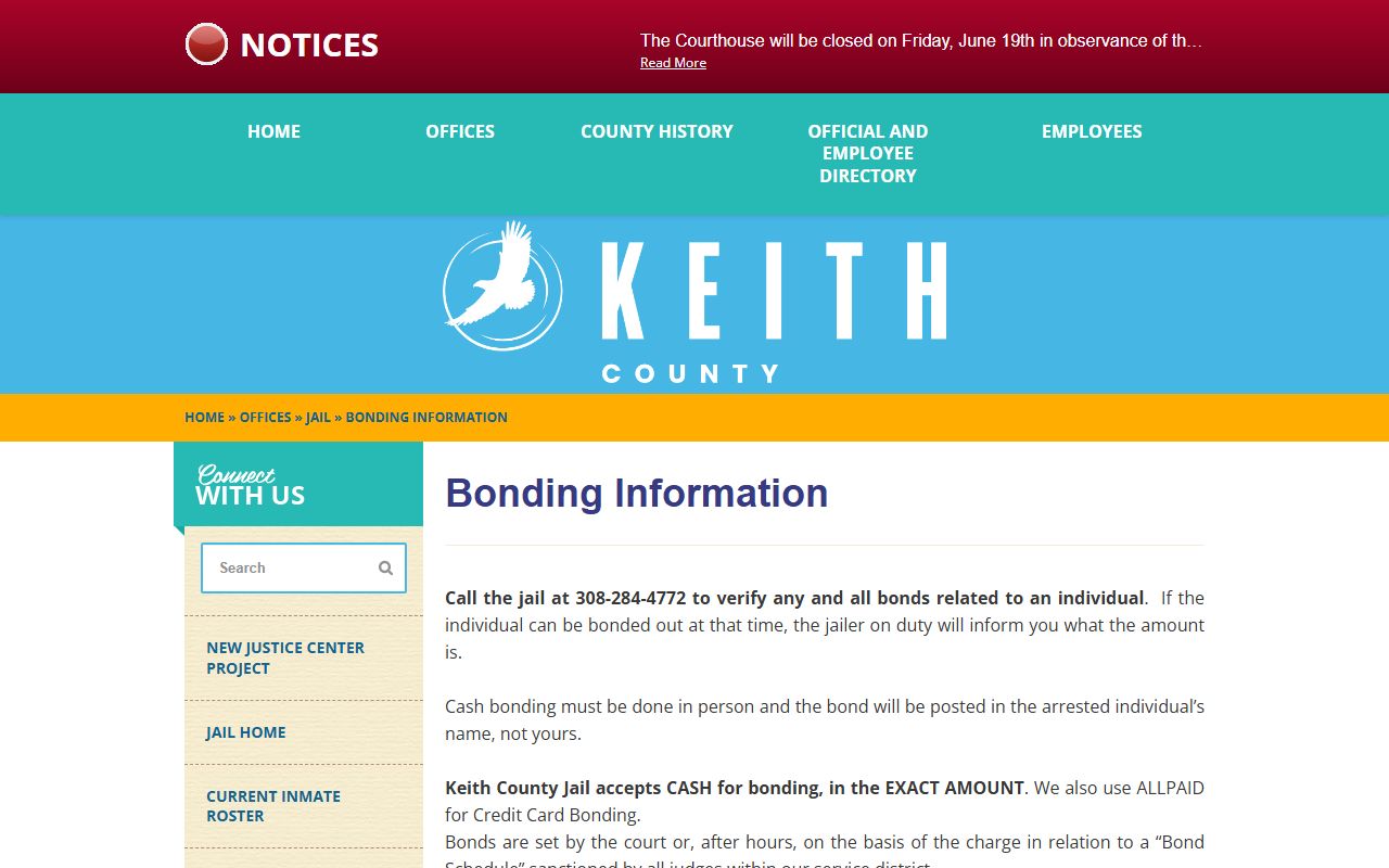 Keith County Jail bonding information for Arthur County jail release