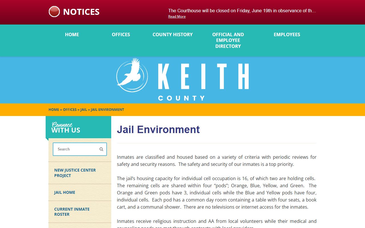 Keith County Jail environment programs and pods for Arthur County inmates