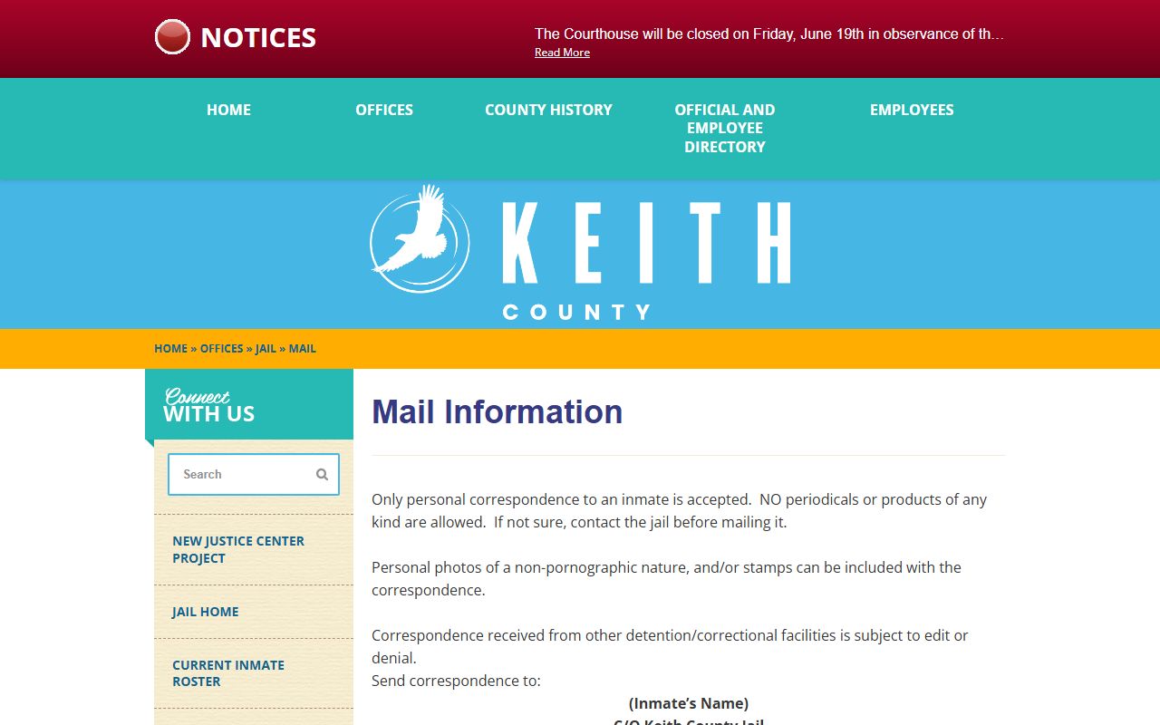 Keith County Jail mail rules for Arthur County inmate correspondence