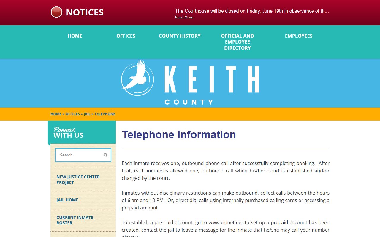 Keith County Jail phone rules and CIDNET information for Arthur County custody